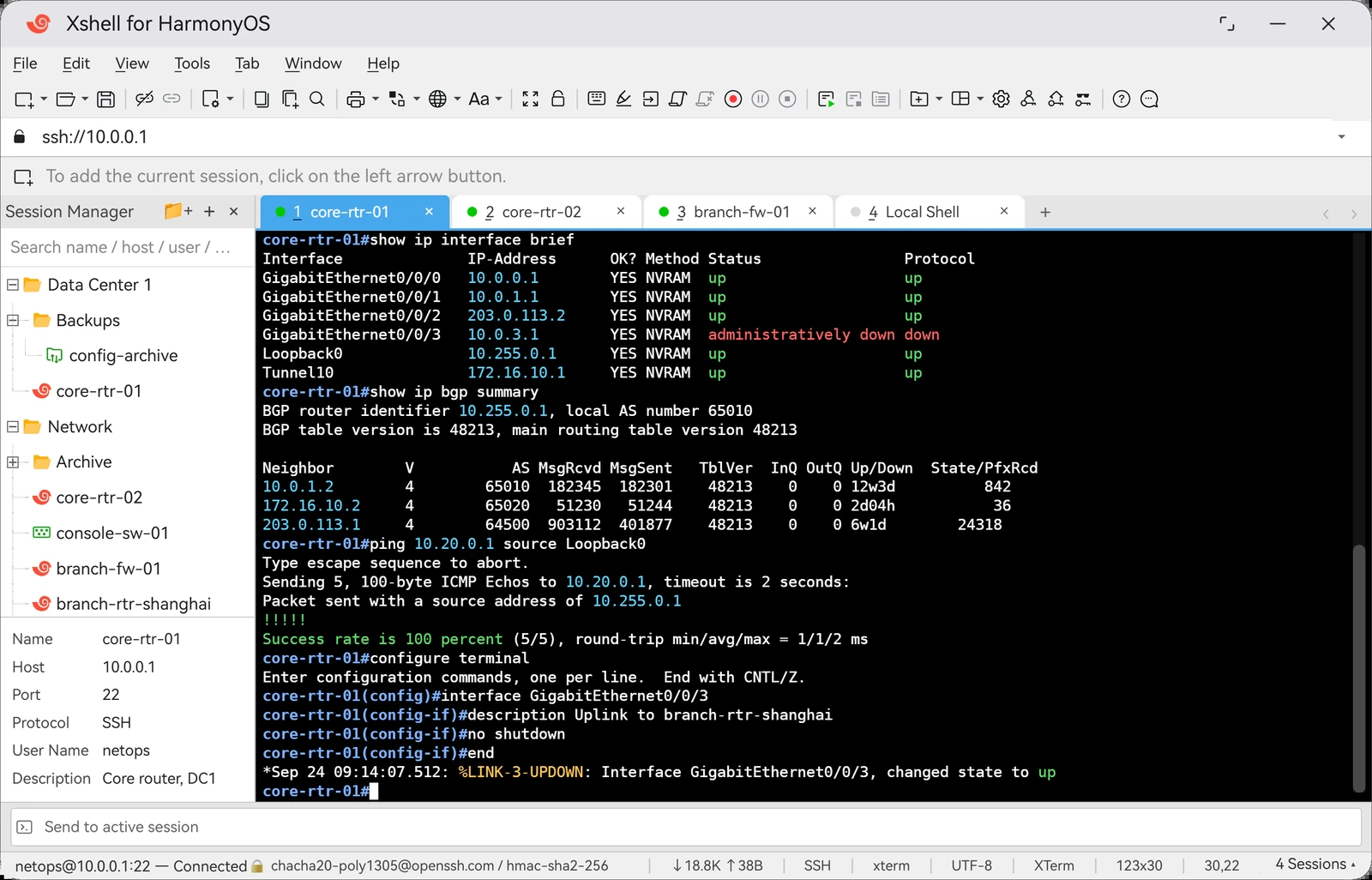 Xshell for HarmonyOS with four sessions open in tabs