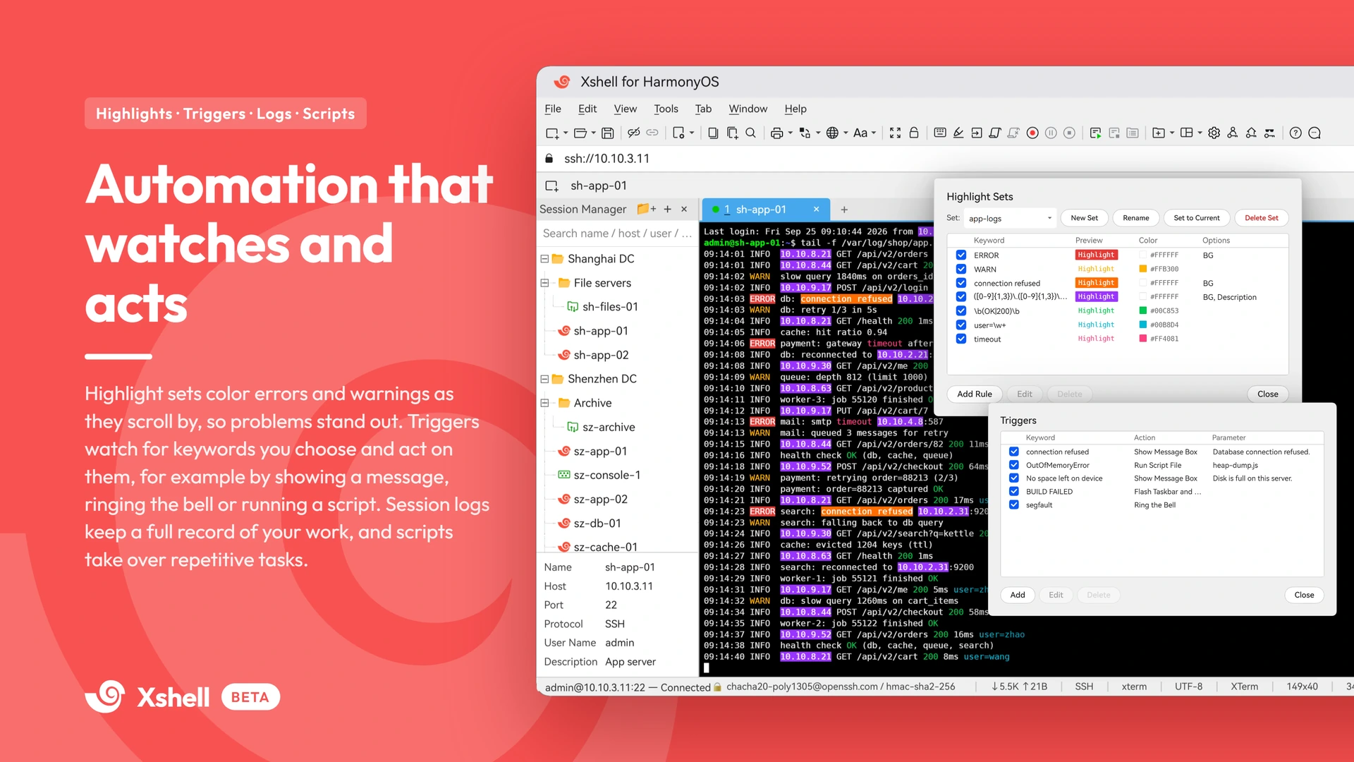 Automation that watches and acts — highlight sets, triggers, session logs and scripts