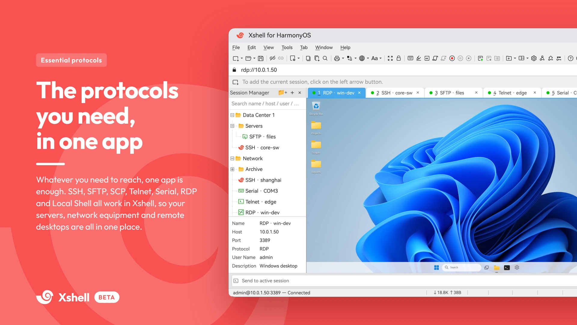 Every protocol in one app — SSH, SFTP, SCP, Telnet, Serial, RDP and Local Shell